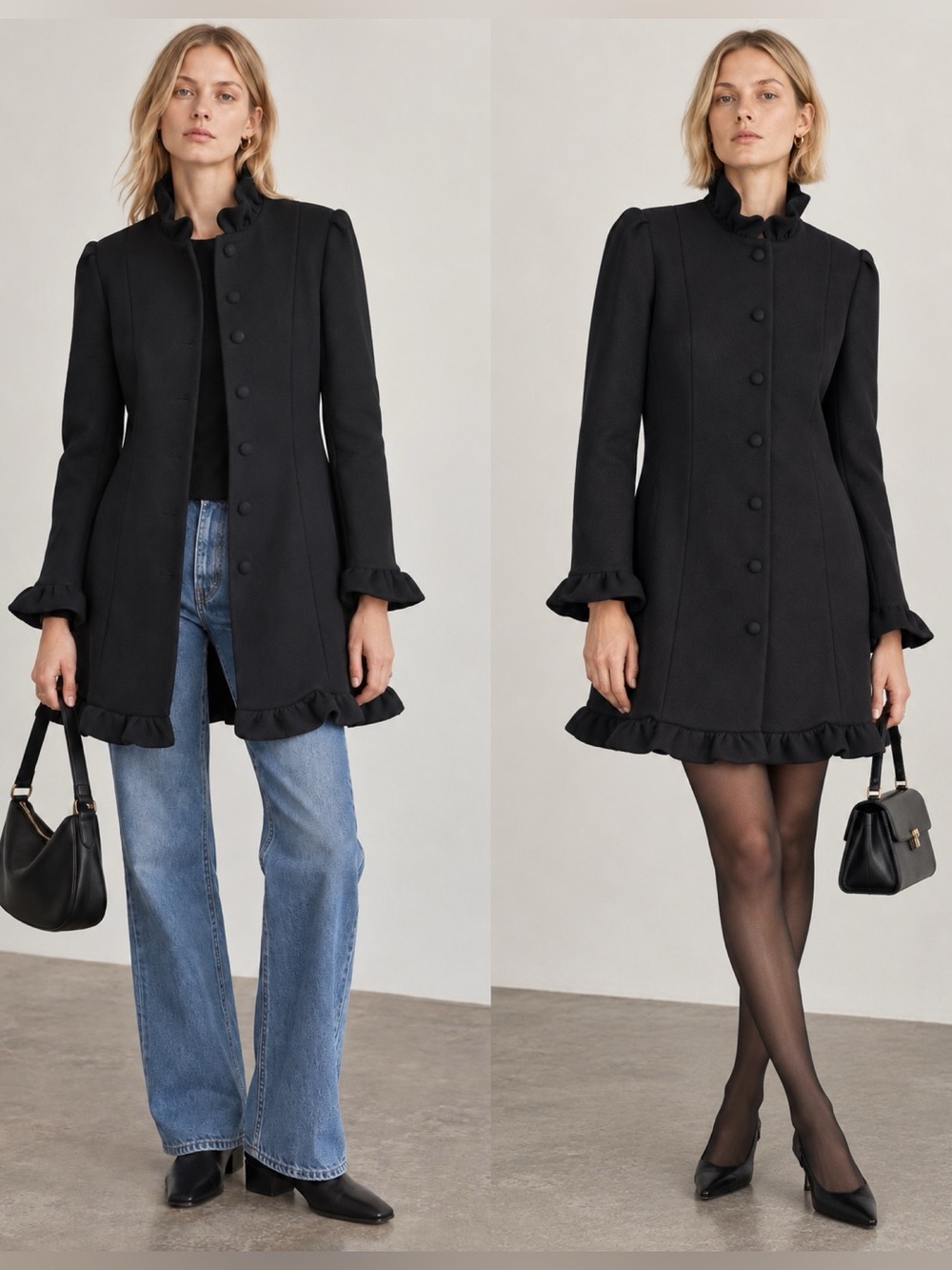 J.W. Anderson Navy 80% Wool Ruffle Trim Long Coat Jacket Size 2 NWT